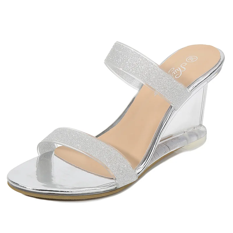 

New Summer Women Slippers Fashion Party Shoes Slippers Peep Toe Transparent String Bead Wedges High Heels 8CM Slides Female882