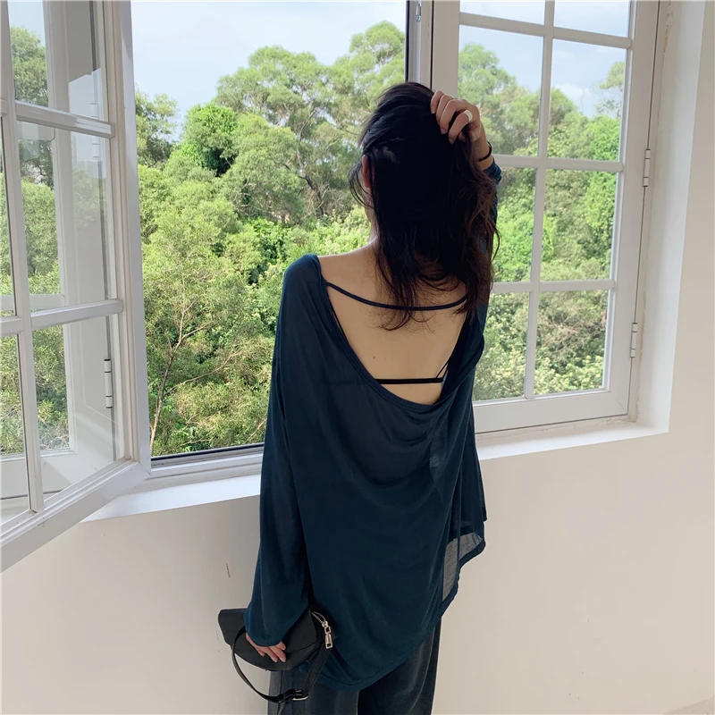 

Two Piece Set Top and Pants Long Sleeve O-neck Loose Sexy Backless Slightly Transparent and High Waist Wide Leg Pants Trousers