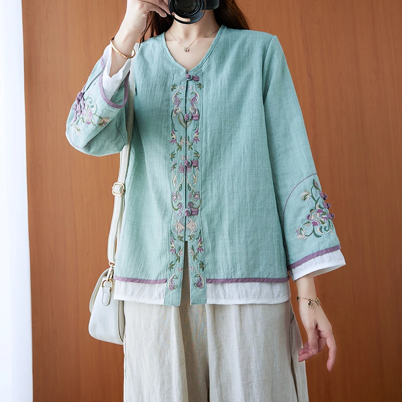 

Shirt Womens Tops Autumn 2021 New Chinese Style National Wind Office Lady Vintage Long Sleeve Embroidery Green Women Shirts