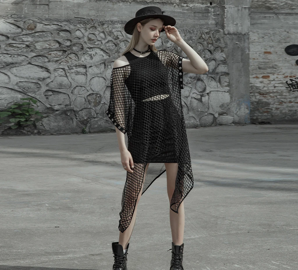 

Женское платье в готическом стиле, летнее, черное, Сетчатое, из двух частей