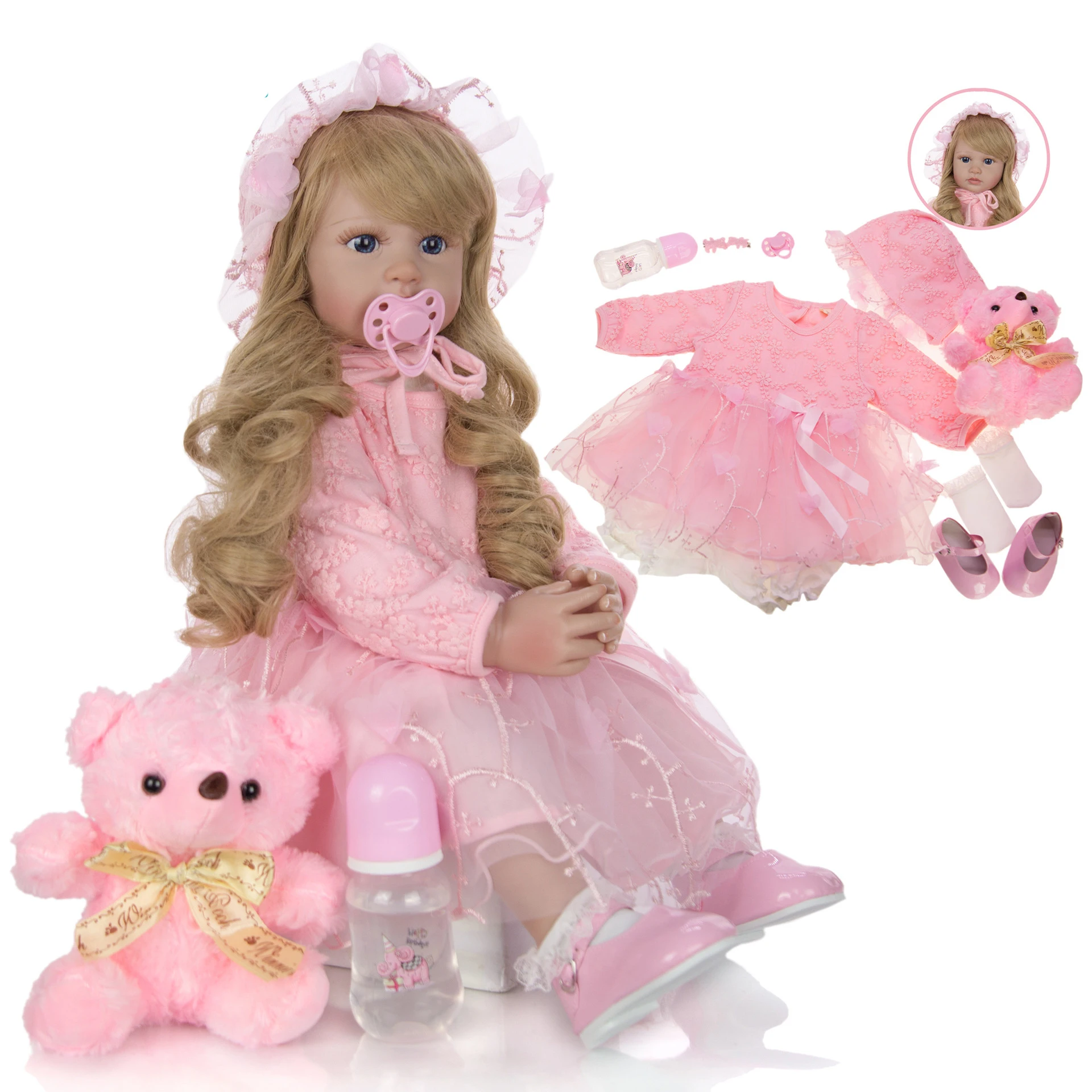 KEIUMI 24 Inch Elegant Reborn Baby Girl Doll 60 cm Soft Vinyl Cloth Body pink Princess Lifelike Boneca bebe Playmate | Игрушки и хобби