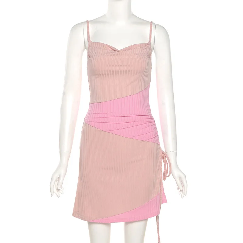 

ALLNeon 2000s Aesthetics Pink Lace-Up Patchwork Dresses Y2K Fashion Cowl-Neck Ribbed A-line Cami Dress Cute Outfits Summer 2021