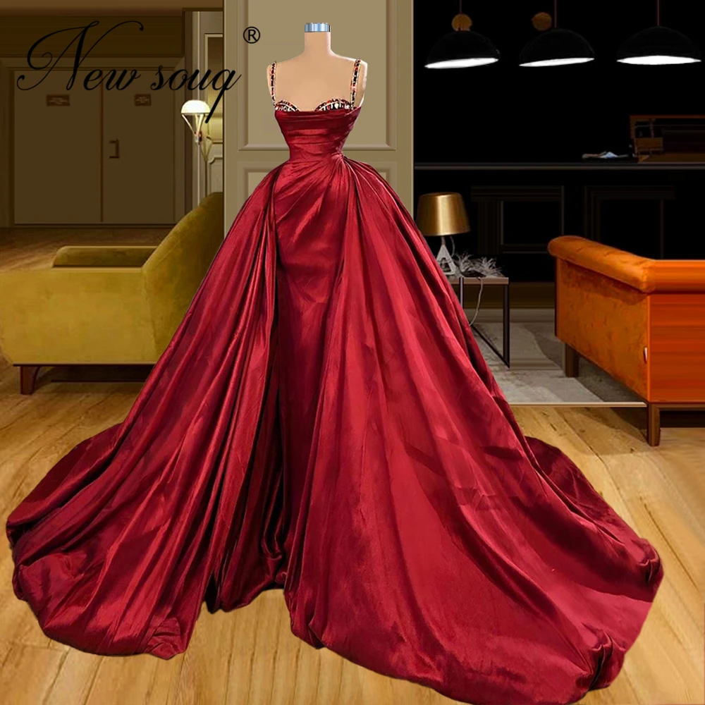 

Muslim Red Satin Evening Gowns Custom 2020 Vestidos Dubai Long Party Gowns Beaded Long Prom Dress Arabic Celebrity Abendkleider