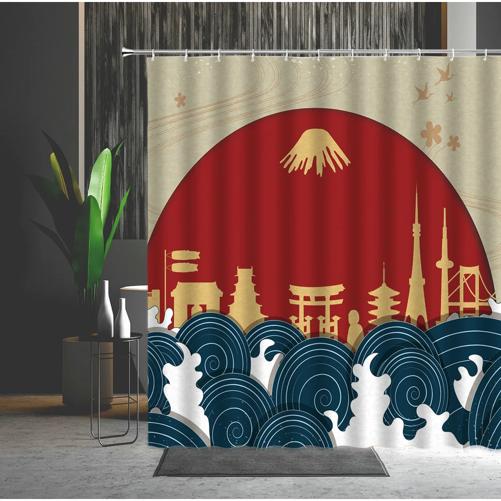 Занавеска для ванны в японском стиле с изображением ландшафта волнистая стая