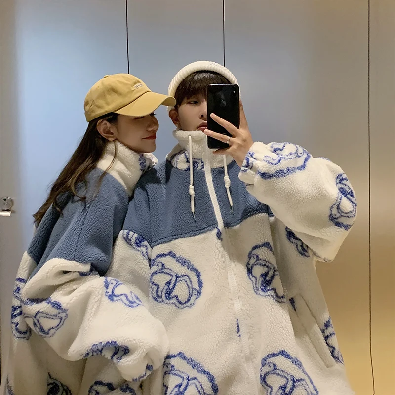 

Couple's Coat Sweet Beautiful Wood Sweethearts Jacket Male Female Popular Loose Lamb Sweatshirt Student Korean Style Felpe Donna