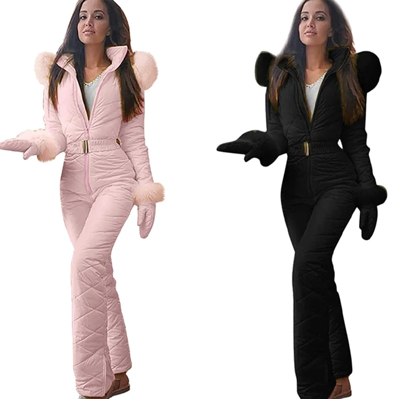 

Outdoor Winter Hooded Jumpsuits Parka Elegant Warm Sashes Ski Suit Straight Zipper One Piece Women Casual Tracksuits Snowsuit