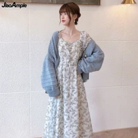 jiaoample spring autumn graceful two pieces dress set 2021 new korean chic floral chiffon dressknitted sweater cardigan suits