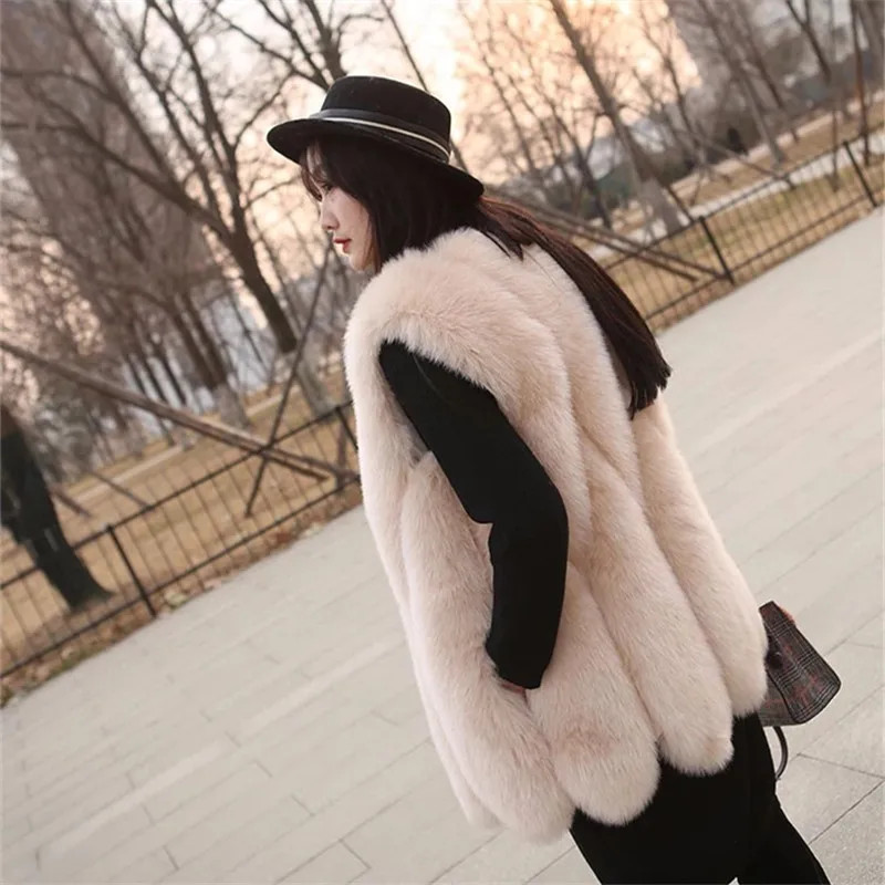 BINYUXD, зимний меховой жилет, пальто, роскошное, из искусственного лисьего меха, теплое Женское пальто, жилеты, Зимняя мода, мех, женские пальто, куртка, жилет