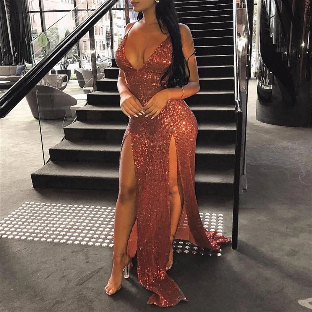 

New V-Neck Formal Dresses Prom Party Gown Thigh-High Slits Custom Trumpet Evening Dress Sleeveless Sequined Mermaid Ball Gown