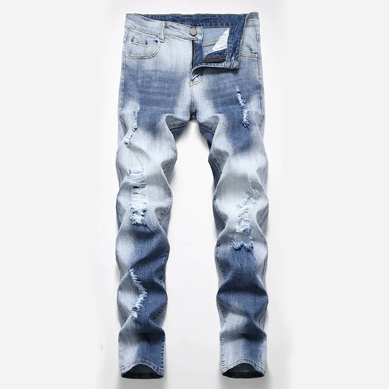 QMGOOD Мода для мужчин s Slim Fit деним рваные джинсы повседневные Прямые мужские