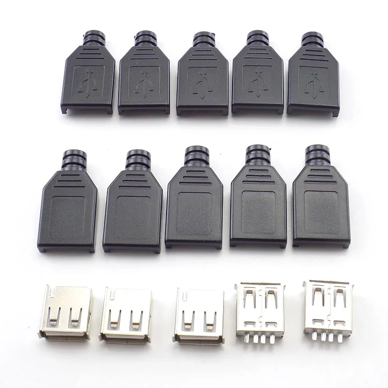 

100pcs Type A Male Female USB 4 Pin Plug Socket Connector With Black Plastic Cover Type-A DIY Kits DIY USB Connectors