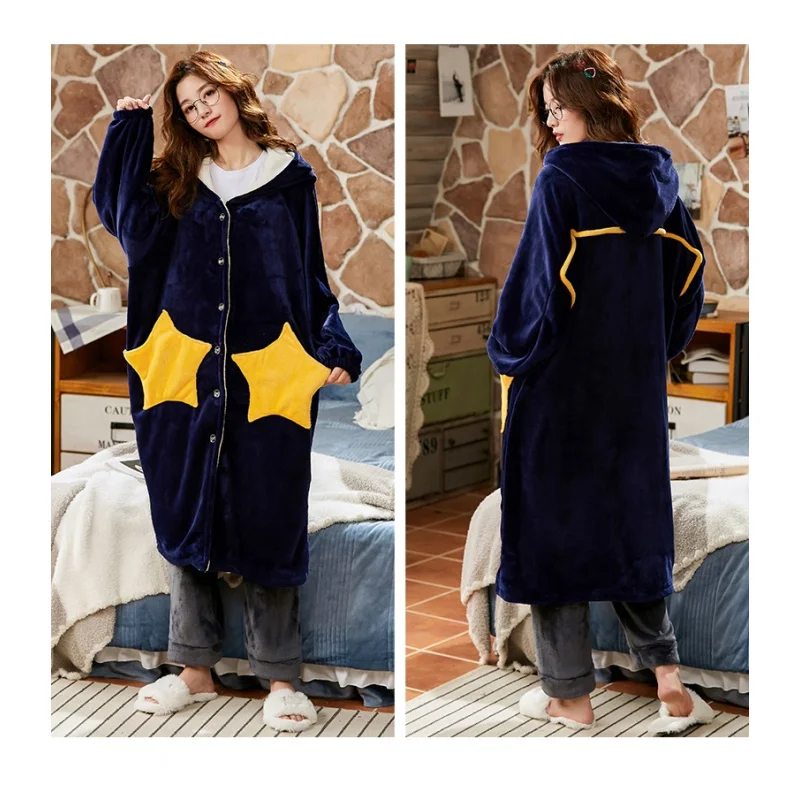 M-5XL Women'S Autumn And Winter New Coral Fleece Pajamas Long Sleeve Cardigan Nightgown Home Service