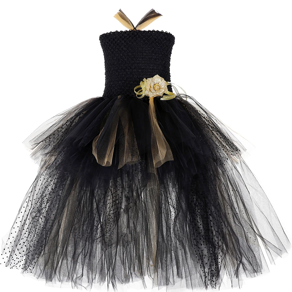 

Gold & Black Girls Tutu Dress with Train Princess Flower Girl Tulle Dress Kids Wedding Evening Birthday Party Dresses Ball Gown