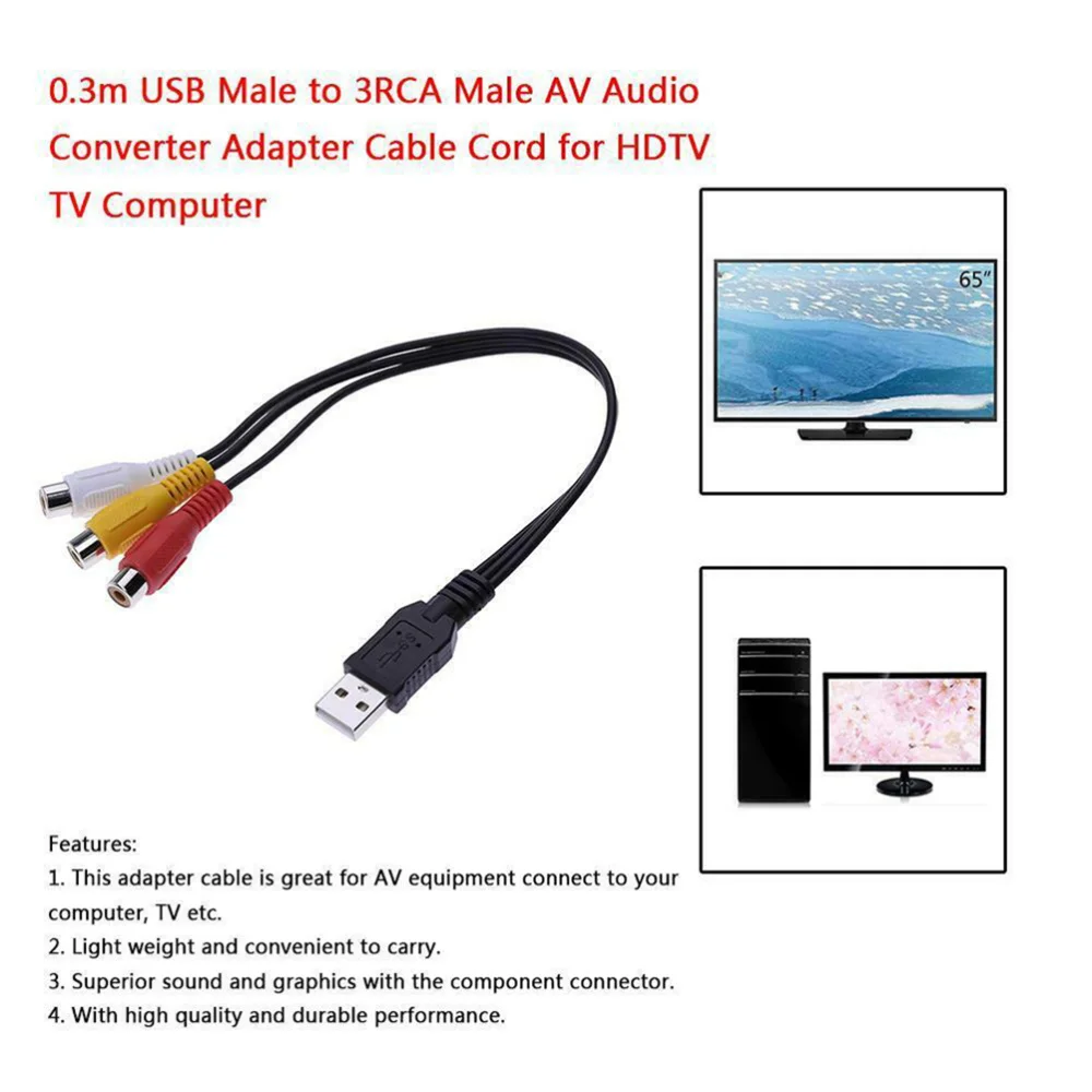 

1 Pair of USB Male to 3RCA Female Plug Audio Video RCA Cable for Repairing