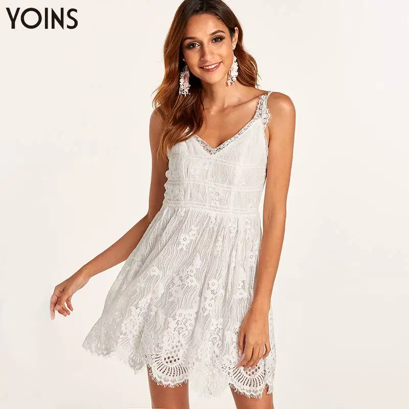 YOINS сексуальное кружевное платье без рукавов с вырезом лодочкой и оборками