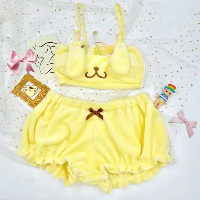 

Cute Underwear Set Kawaii Anime Cartoon Pajamas For Women Girls Yellow Velvet Tube Top And Shorts Lingerie Sets Dropshipping New