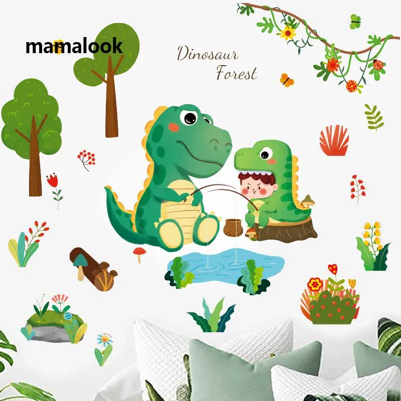 

New cartoon dinosaur flower grass decoration sticker children's room study boy bedroom decoration sticker