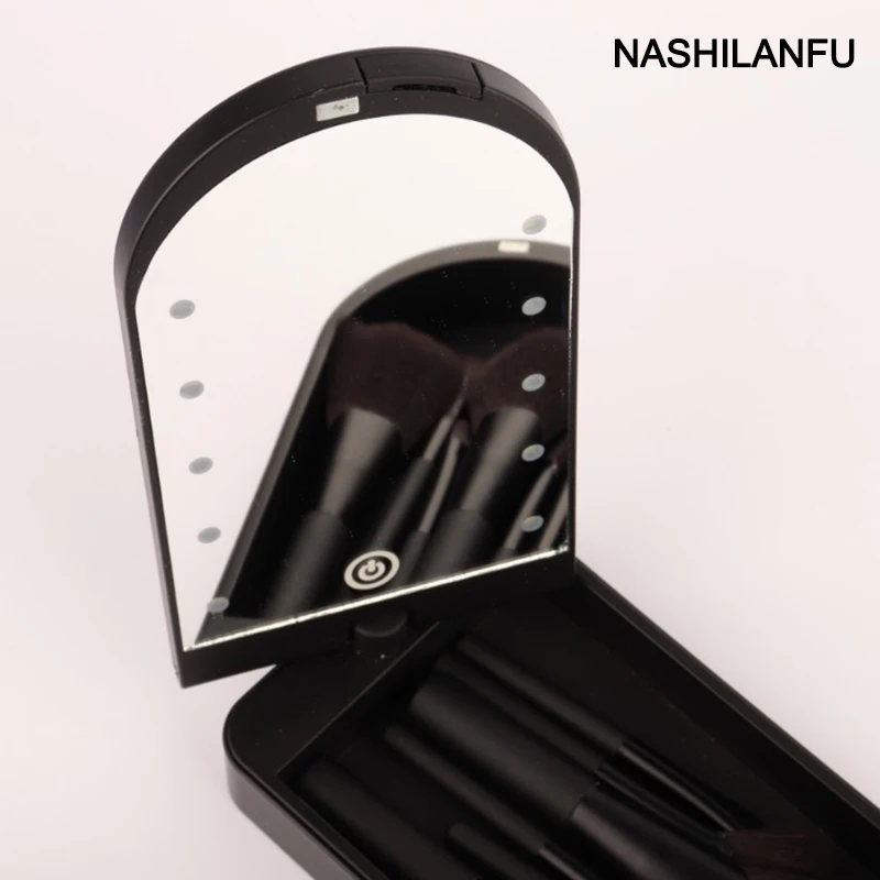 

LED Lighted Makeup Cosmetic Mirror with Makeup Brushes Glow in Light Travel Folding Makeup Mirror Box Portable Compact Mirror
