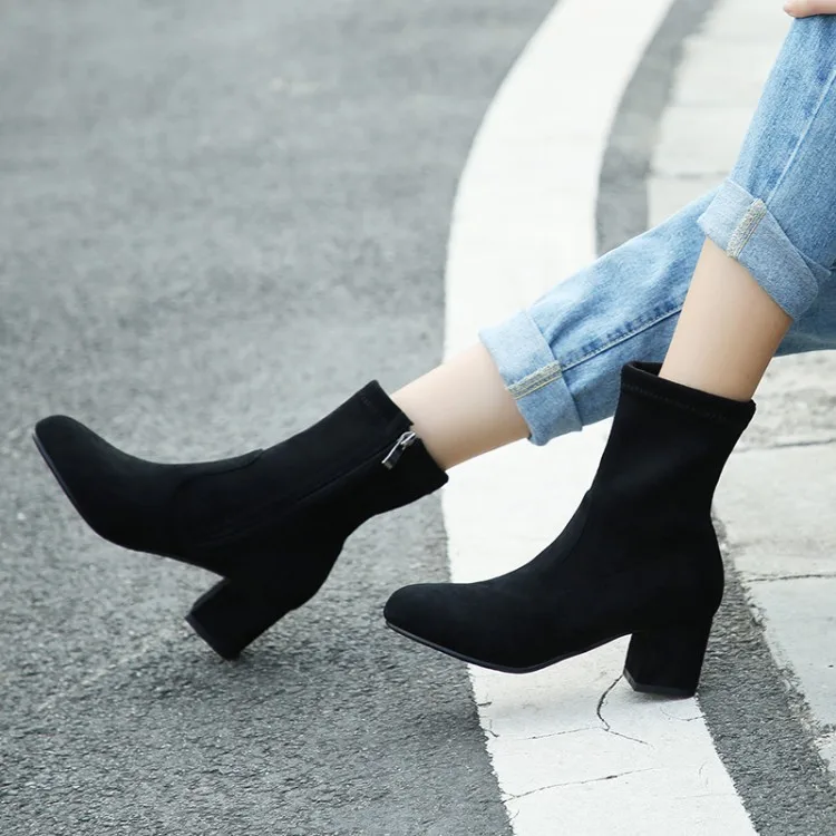 Размера плюс 12 13Fur-faced с круглым носком на квадратном высоком каблуке Сапоги