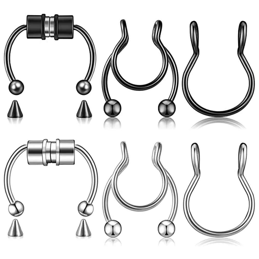 

6 Pieces Magnetic Fake Septum Fake Hoop Stainless Steel Inlaid Jewelry Horseshoe Faux Clip Nose Ring on Non-Pierced Set