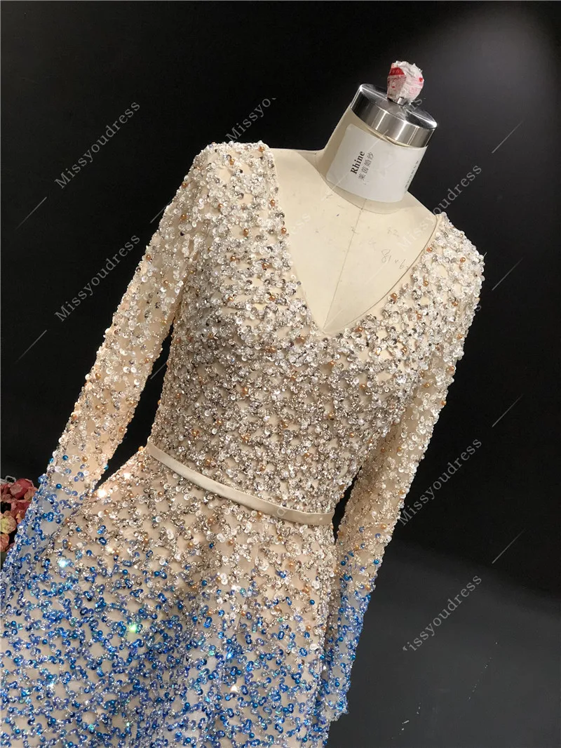 ElieSaab 2021 Champagne Blue Evening Dress Real Photo High Quality Customized Long Sleeves Short Length Prom Party Dancing Dress