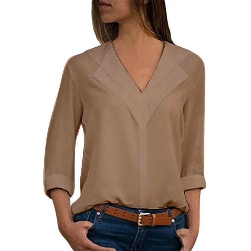 

Spring and Autumn New Loose Solid Color Sexy V-neck Long Sleeve Chiffon Shirt Top Women