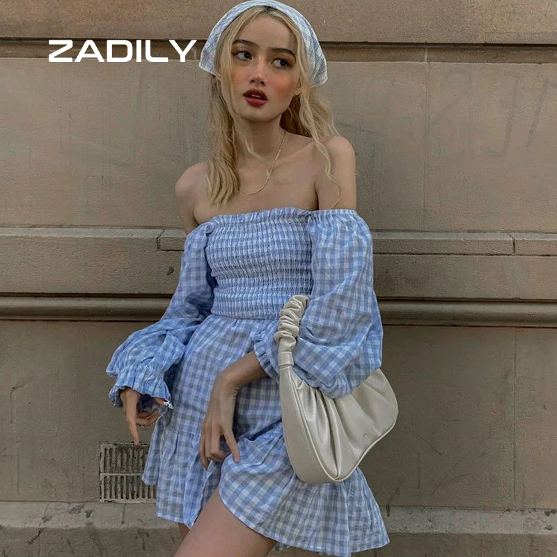 

Zadily Off The Shoulder Long Sleeve Sweet Mini Dress For Women Chic Plaid Folds Slash Neck Dresses 2021 Summer Casual Clothing