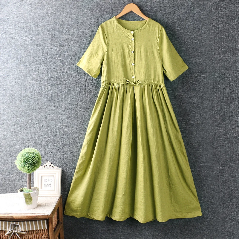 

Summer new women's wear Solid O neck pure color cotton short sleeve long loose dress