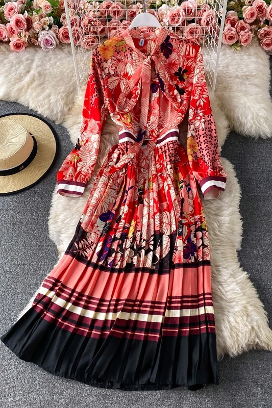 

Retro Print Holiday Pleated Dress Elegant Women's Bow Large Hem Maxi Long Pleated Dresses 2021 Spring