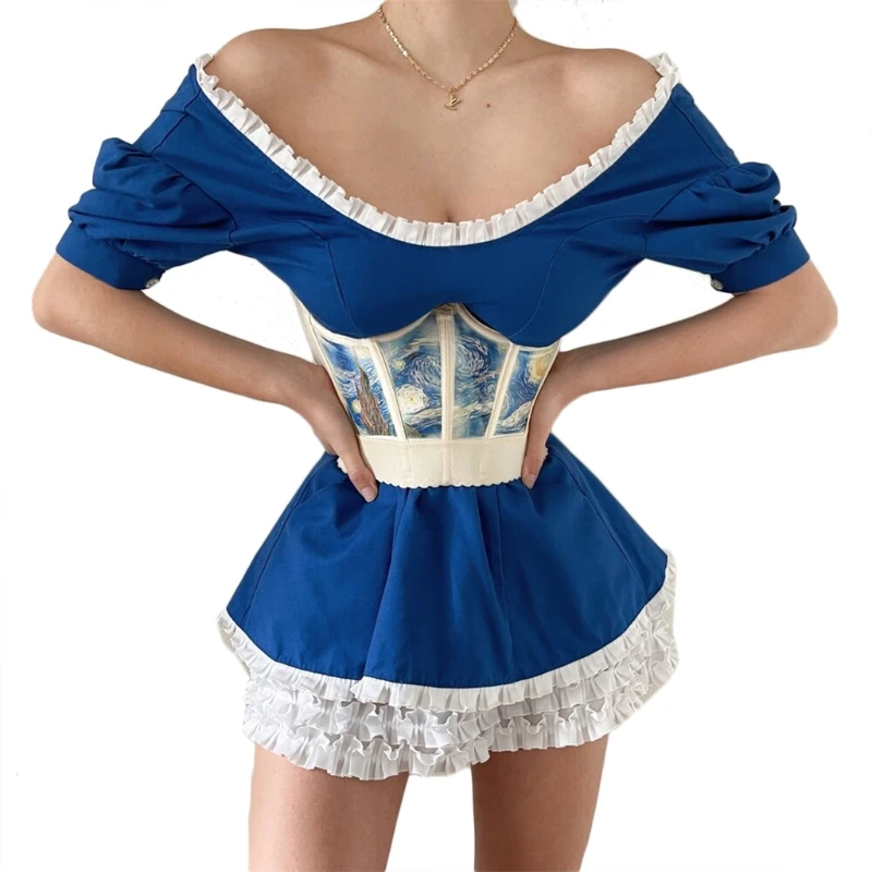 

Women Sexy Underbust Bustiers Corset Vintage Art Oil Painting Starry Night Print Elastic Waist Shaper Girdle Cincher A07 21