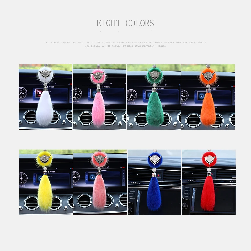 

Fashion Diamond Fox Rear View Mirror Ornament Fur Bling Rhinestone Car Mirror Hanging Accessories for Girls Women 8 Colors Cute