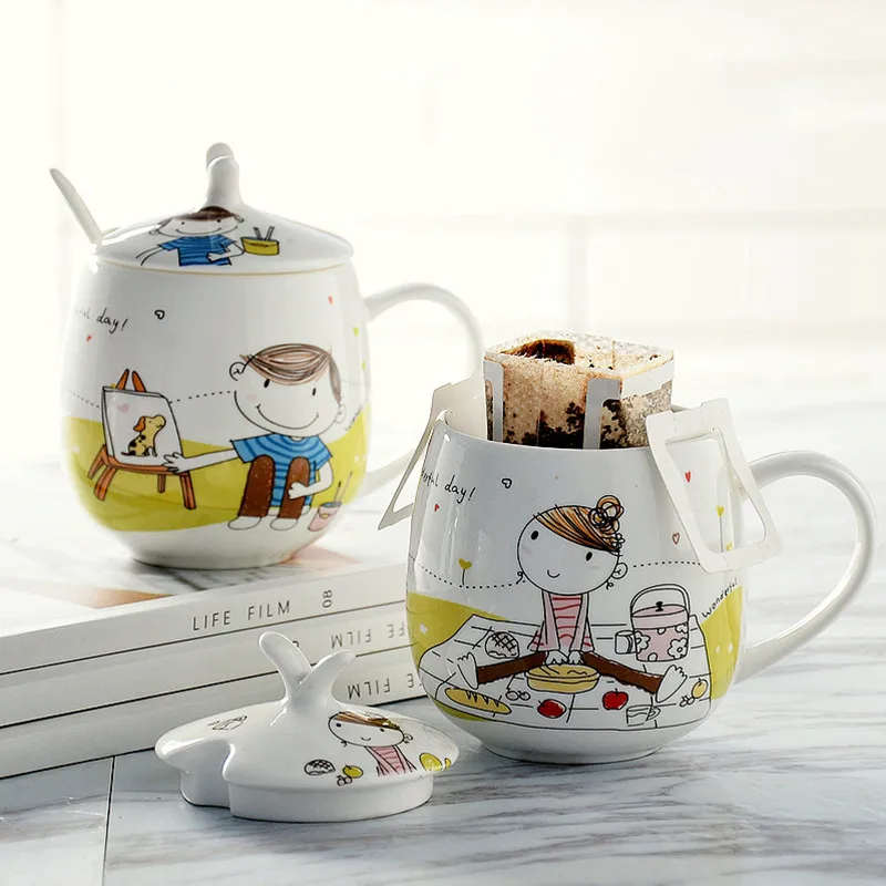 Северная фарфоровая творческая пара кофейных и молочных кружек Nordic Bone China с крышкой и ложкой, мультяшные милые керамические чашки для завтрака с зернами, офисные чайные кружки.