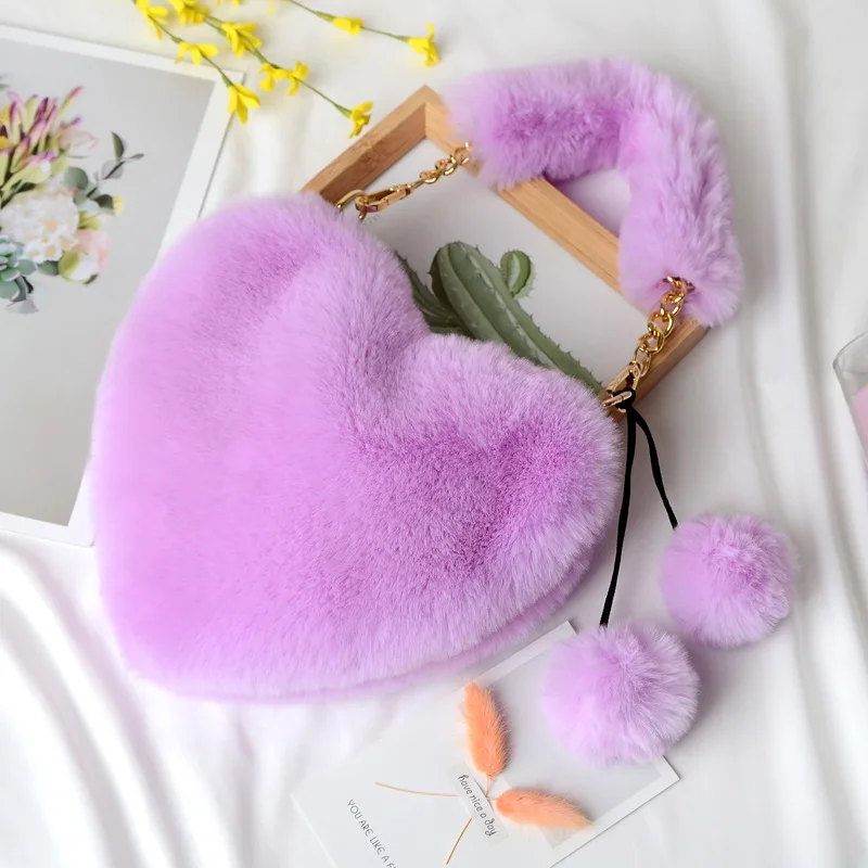 

2020 Faux Fur Winter Women Handbags Ladies Cute Love Heart Shaped Shoulder Bag Female Clutch Purse Plush Handbags Messenger Bag