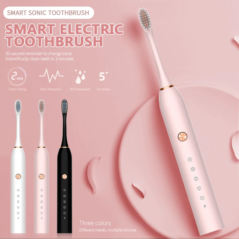 

Sixth Gear Waterproof Electric Toothbrush With 2 Brush Head Battery Powered High Quality Professional 5 Cleaning Modes