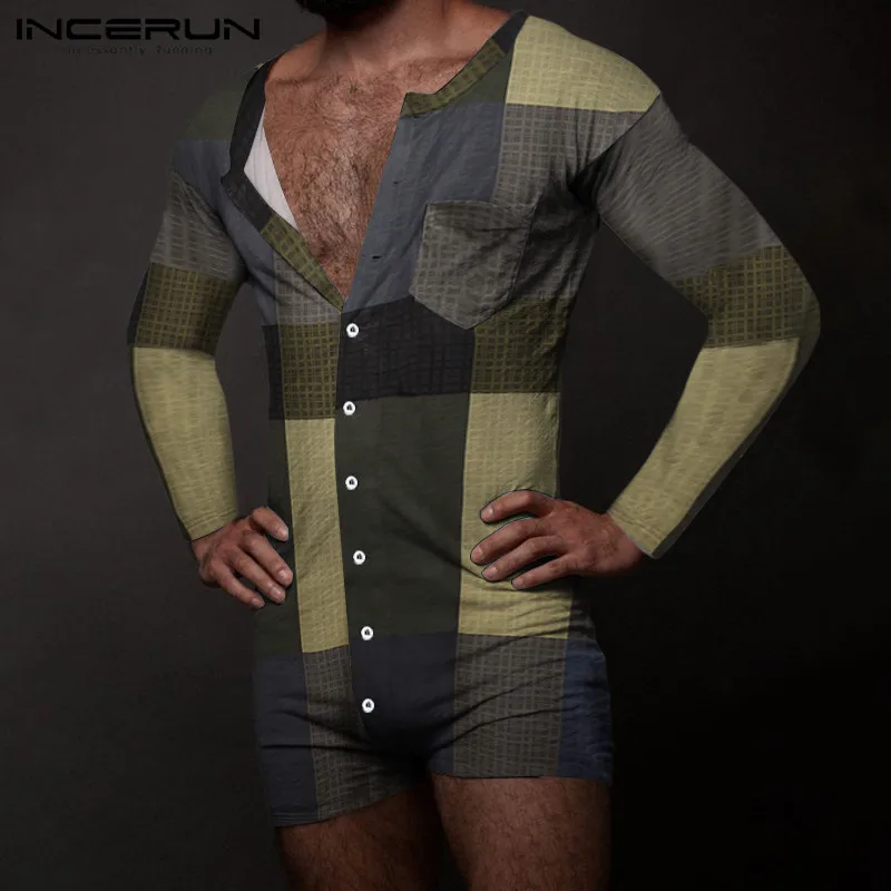

INCERUN Long Sleeve O Neck Rompers Nightgown Men Patchwork Onesies Casual Buttons Jumpsuit Pajamas Man Fitness Pockets Homewear
