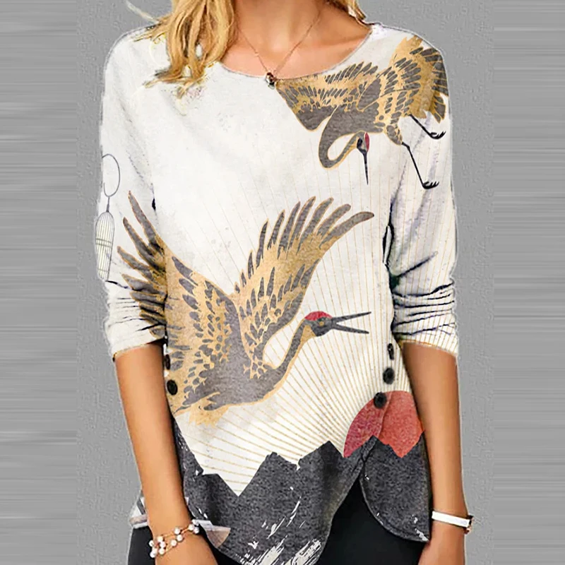 Женская Повседневная футболка с круглым вырезом и принтом весна-осень | одежда