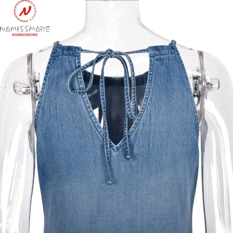 Модное женское летнее джинсовое платье трапециевидной формы Бандажное с