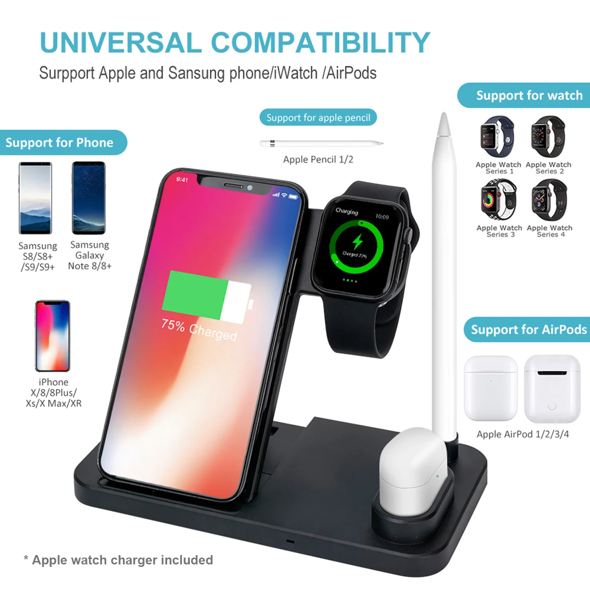 4 в 1 Беспроводное зарядное устройство для iPhone X XS XR 8 быстрая Беспроводная