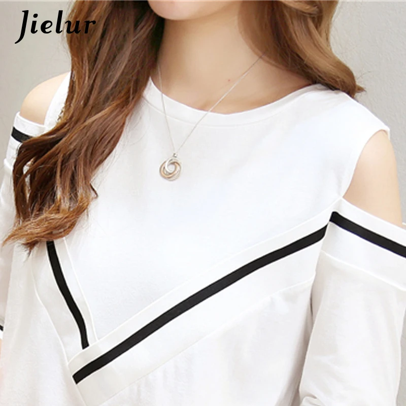 Женская футболка с открытыми плечами Jielur черная круглым вырезом новая осенняя