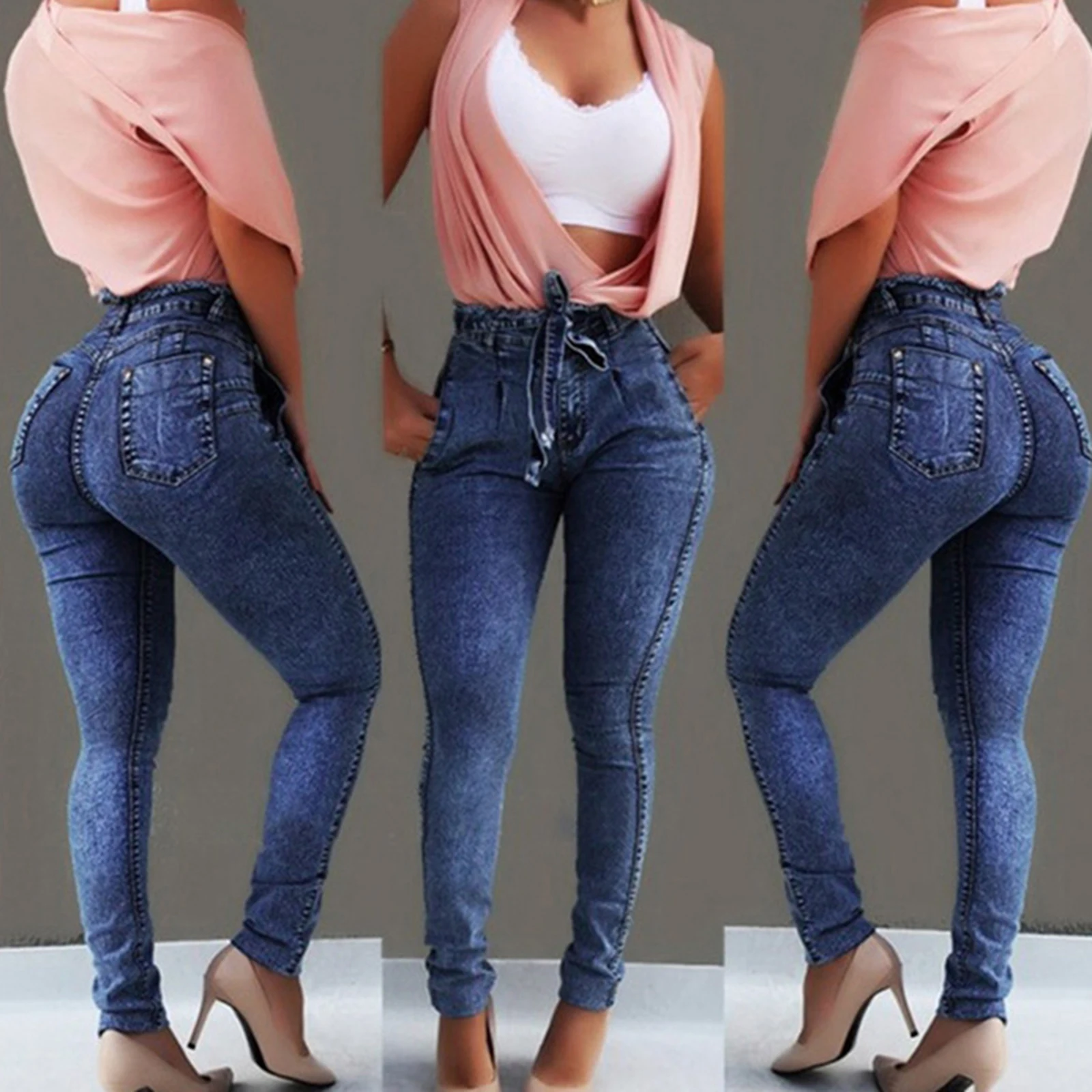 Nice Pop Woman's Sexy Tight Jeans, Solid Color Tassel Waist Slim Elastic Casual Long Pencil Pants, Daily Life