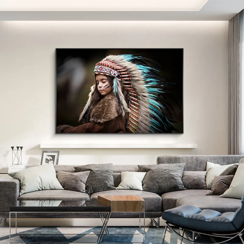 

Modern Style Indian Feather Child Portrait Canvas Poster Decorative Painting Scandinavian Wall Room Room Decoration Cuadros