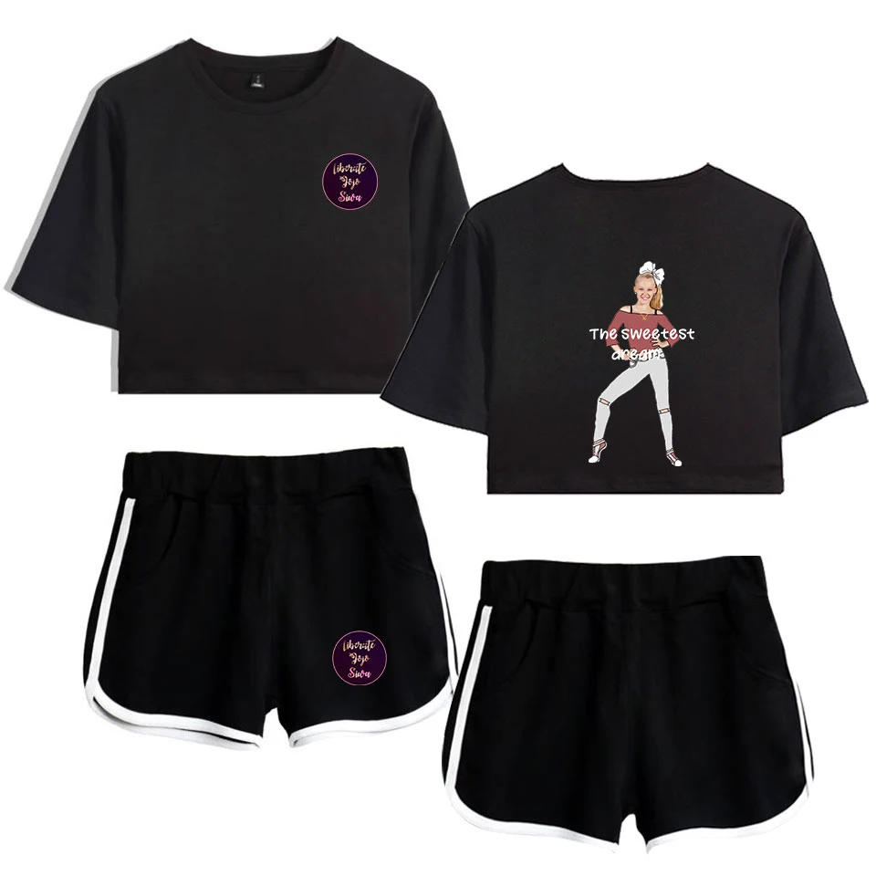 

Fashion Summer JOJO SIWA Exposed Navel Black T-shirt+shorts women's two-piece sets Hot Cotton Casual girl's two-piece suits