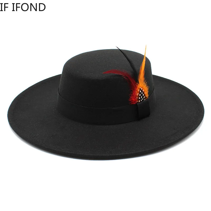 

Осенне-зимние большие поля 10 см шерстяные винтажные фетровые шляпы с перьями для женщин и мужчин для церкви и джазовых женщин