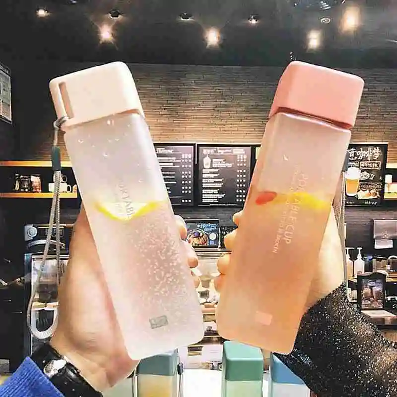 

450ml Transparent Square Plastic Matte Water Cup with Portable Milk Rope Water Bottle Outdoor Cold Juice Water Sports Cup