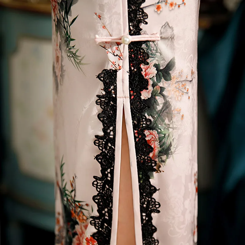 

Plus Size 4XL Vintage Chinese Style Print Qipao Long Handmade Button Cheongsam Dress Women's Mandarin Collar Traditional Dress