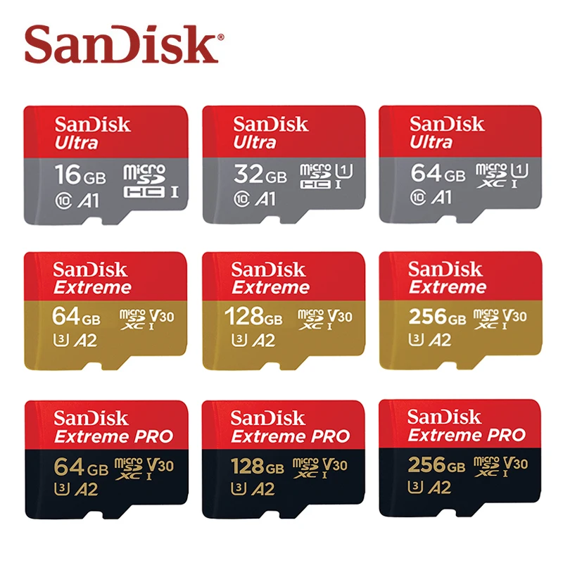 

SanDisk Micro SD Card 16GB 32GB A1 MicroSDHC Memory Card 64GB 128GB 256GB 400GB MicroSDXC EXTREME PRO V30 U3 A2 4K UHD TF Cards
