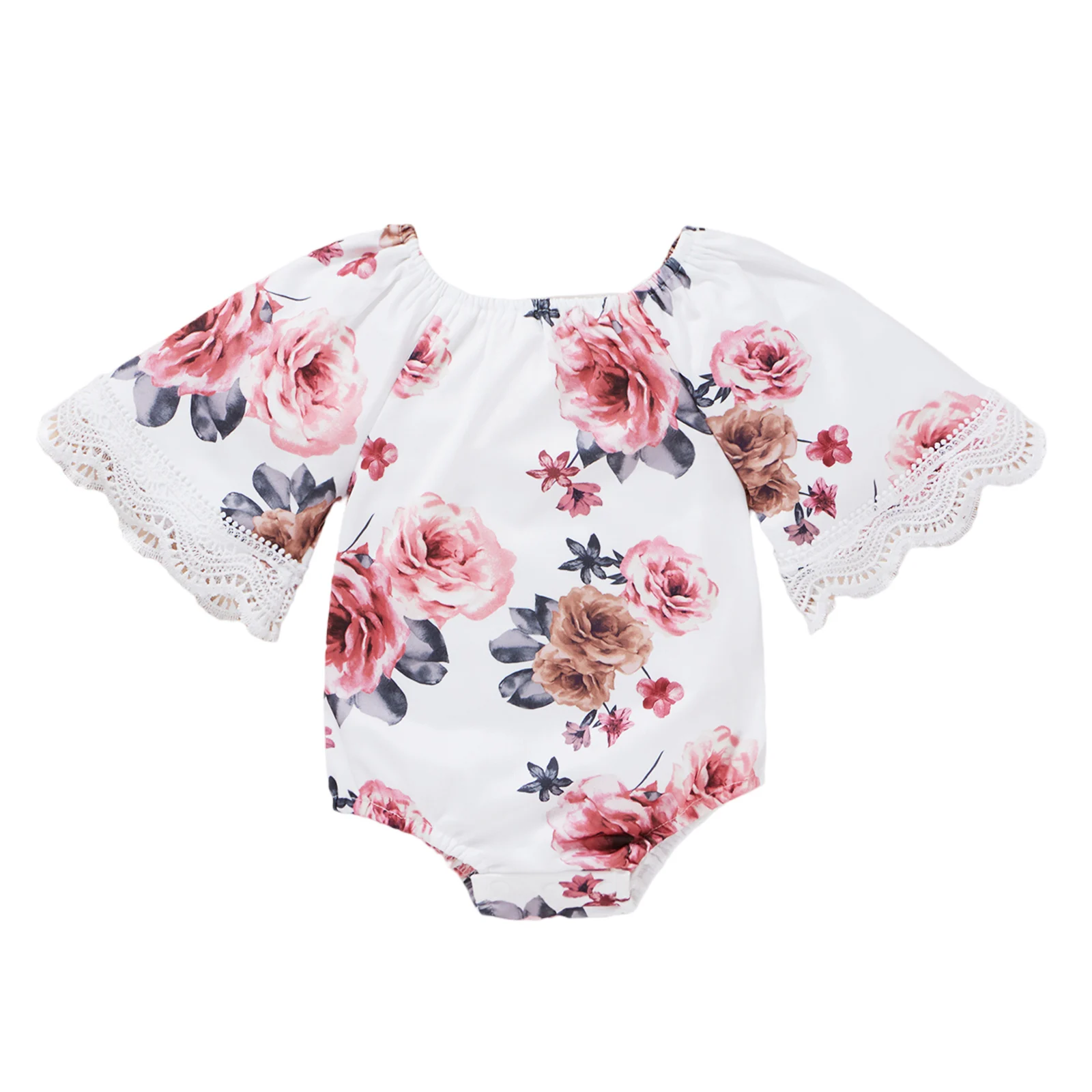 

Baby Floral Print Short Romper Long Flared Sleeve Off Shoulder Jumpsuit for Summer