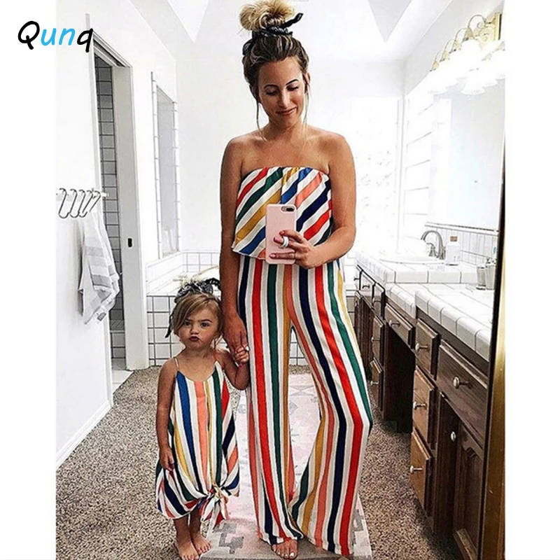 

Summer Family Matching Outfits Colorful Striped Mother Jumpsuits Daughter Dress Fashion Women Toddler Girl Clothing Mommy and Me