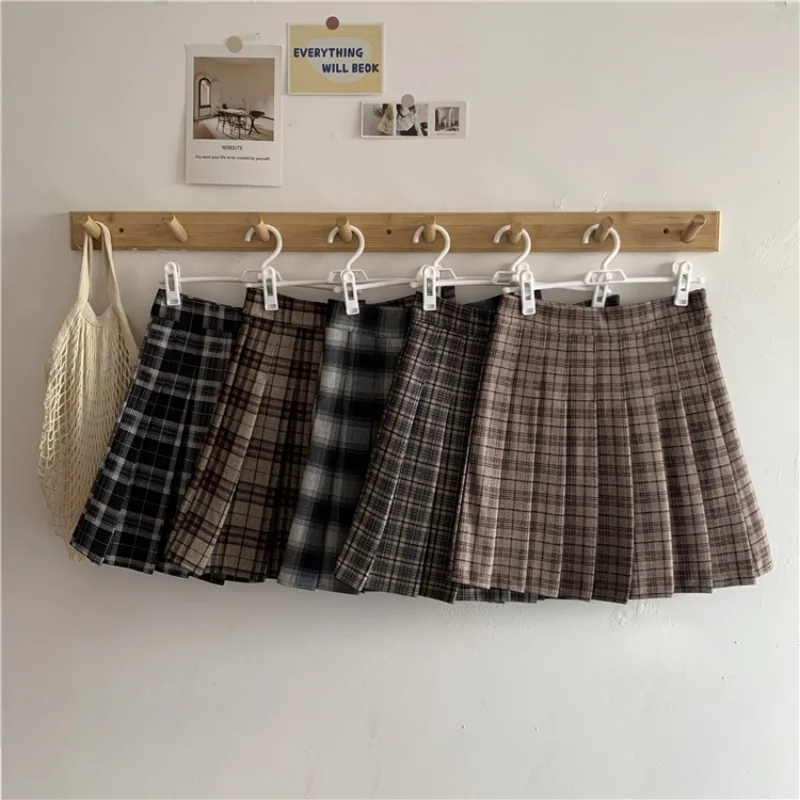 Korean Style Plaid Pleated Skirt Female Spring and Autumn High Waist Thin A-line Short Skirt Student Woolen Summer Skirt