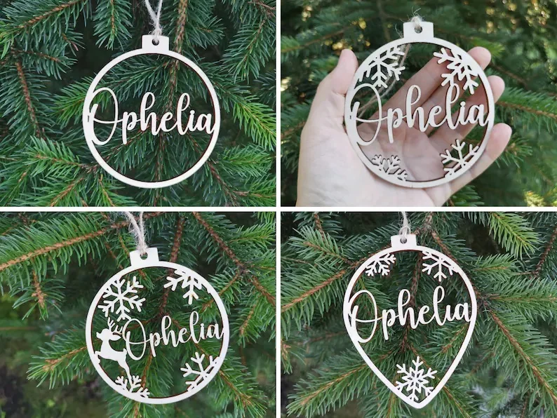 

Рождественские шары с именем на заказ, подарки с именем на заказ, праздничное украшение в виде снежинки, лазерная вырезка, украшения для рож...